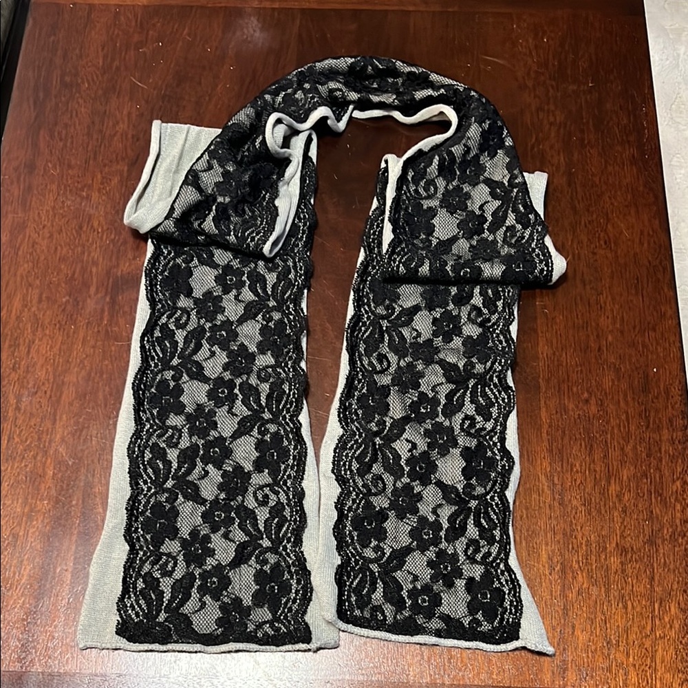 dELiA*s Black and Gray Lace Scarf with Floral Motifs